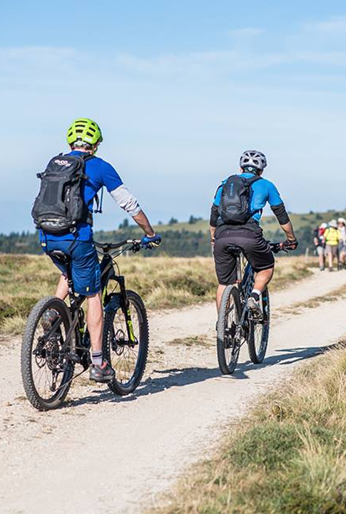 Deux cyclistes en VTT roulant sur un chemin de montagne par temps ensoleillé